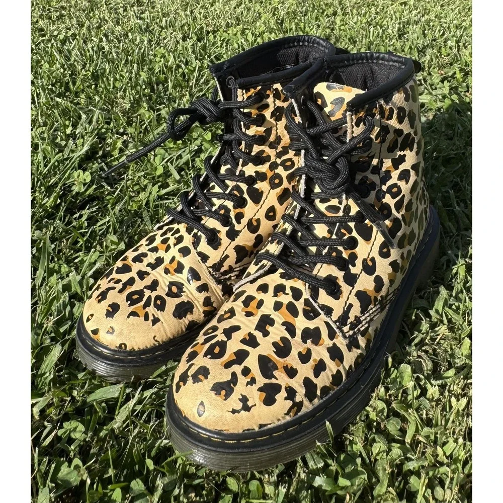 Dr. Martens 1460 J Boots Kids Size 2 Beige Leopard Combat Zip Leather Girls Boys